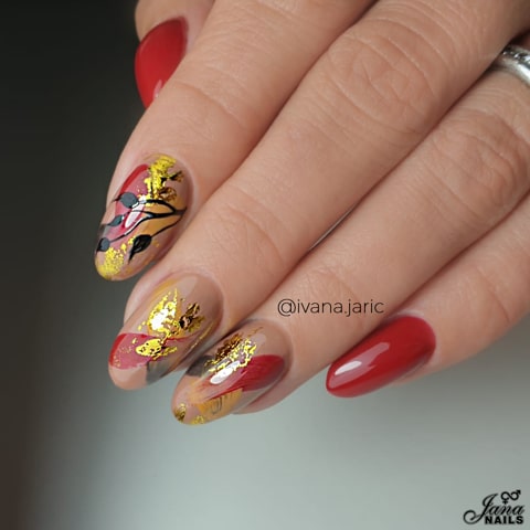 gold and pink red designer nails