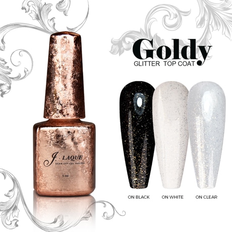 Shiny top coat with ultra-fine shimmering gold particles, without sticky layer.